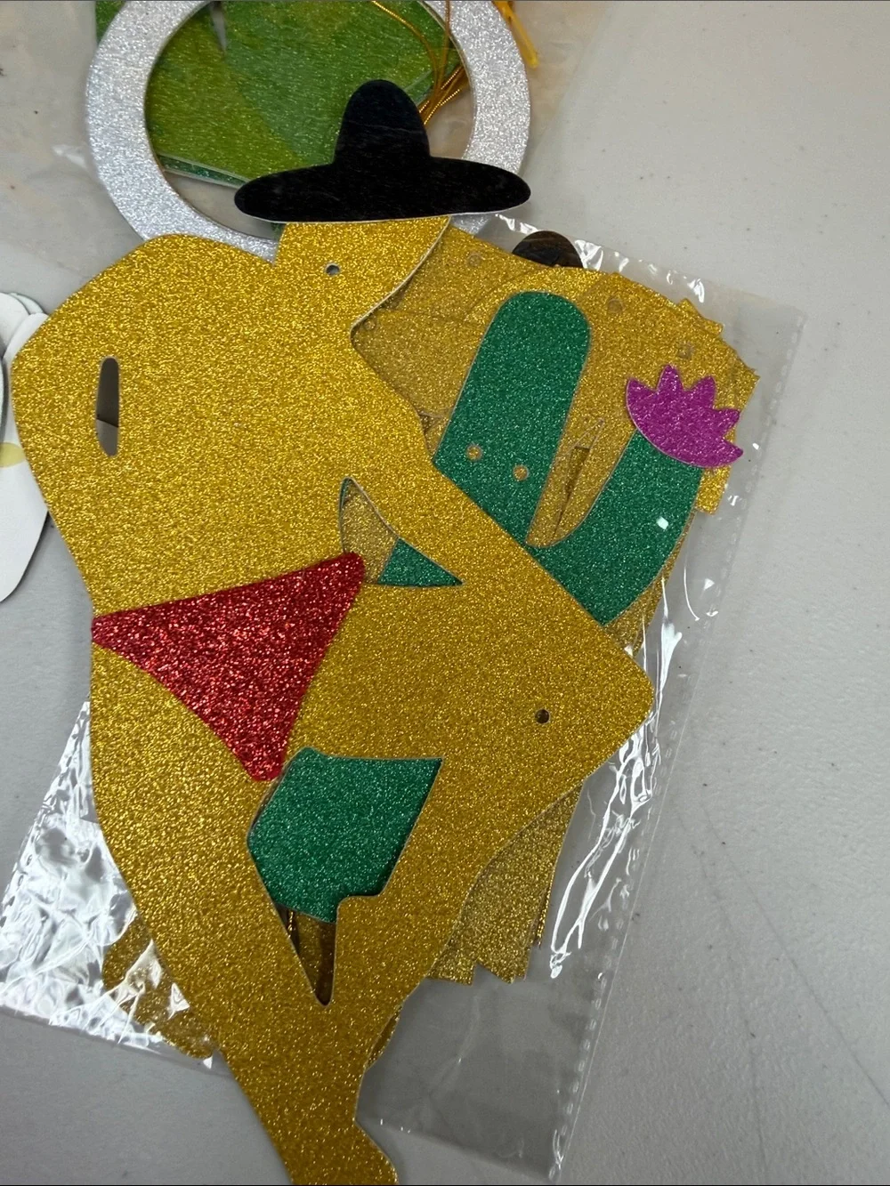 3 piece Final Fiesta Banner Glitter Party Banner - Gold & Green cactus sombrero